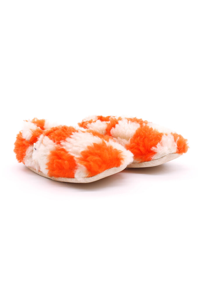 Morgedan-Teddy-Checker-Orange-ikili-Yan Turuncu Krem damalı peluş kaydırmaz çocuk ev ayakkabısı